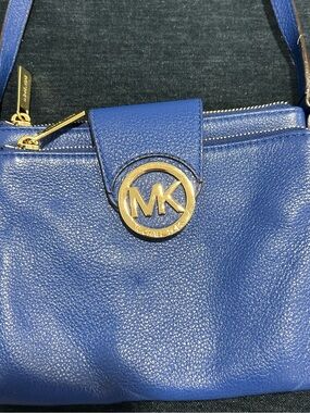 Michael Kors Royal Blue Pebbled Leather MK Medallion Crossbody